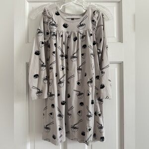 Kids size 7, Long Sleeve Dress with Lt Grey & Black, Fun Ramen & Sushi Print
